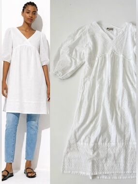 Embroidered Cotton Blouse Dress White Boho Beach Cover Up Slit Cottagecore